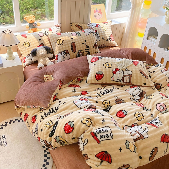 91家纺网 家纺一手货源 找家纺 艾橙 2025新款泡泡牛奶绒加厚保暖印花四件套 画笔卡通