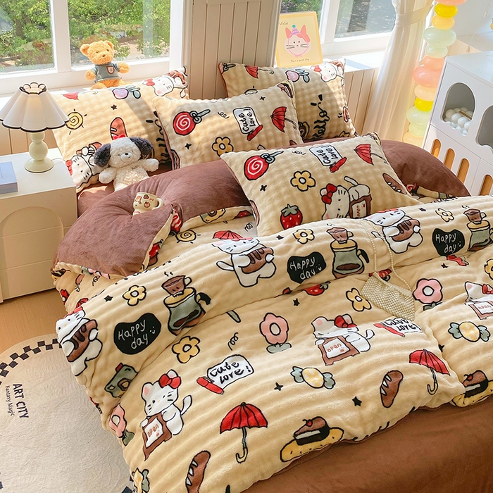 91家纺网 家纺一手货源 找家纺 艾橙 2025新款泡泡牛奶绒加厚保暖印花四件套 画笔卡通