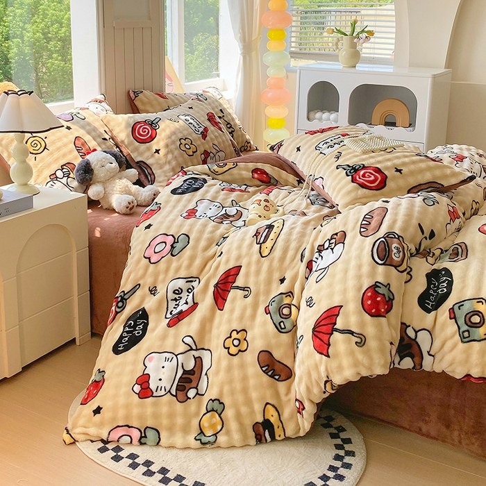 91家纺网 家纺一手货源 找家纺 艾橙 2025新款泡泡牛奶绒加厚保暖印花四件套 画笔卡通