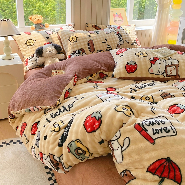 91家纺网 家纺一手货源 找家纺 艾橙 2025新款泡泡牛奶绒加厚保暖印花四件套 画笔卡通