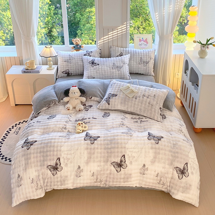 艾橙 2025新款泡泡牛奶绒加厚保暖印花四件套 简影蝴蝶