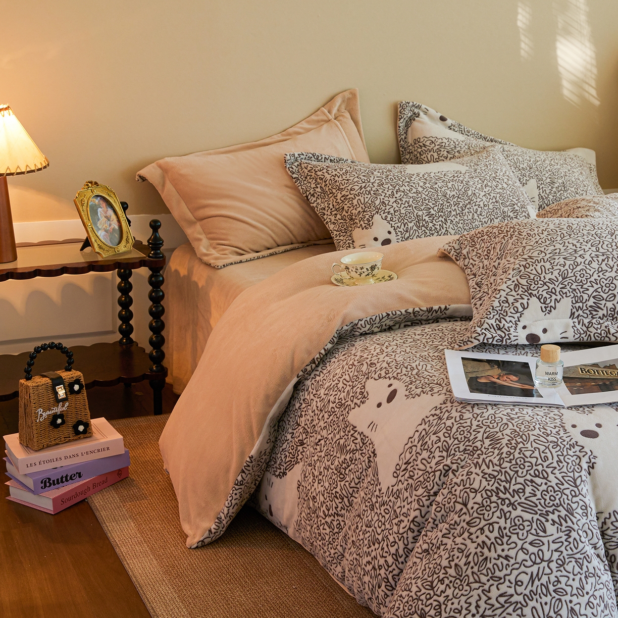 91家纺网 家纺一手货源 找家纺 菡宝 【主推第三批 带质检报告】A类全消光230g雕花绒牛奶绒四件套支持定制定做尺寸 萌趣小狗