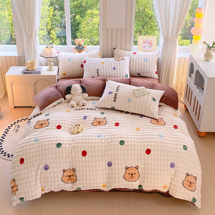 艾橙 2025新款泡泡牛奶绒加厚保暖印花四件套 卡皮巴拉