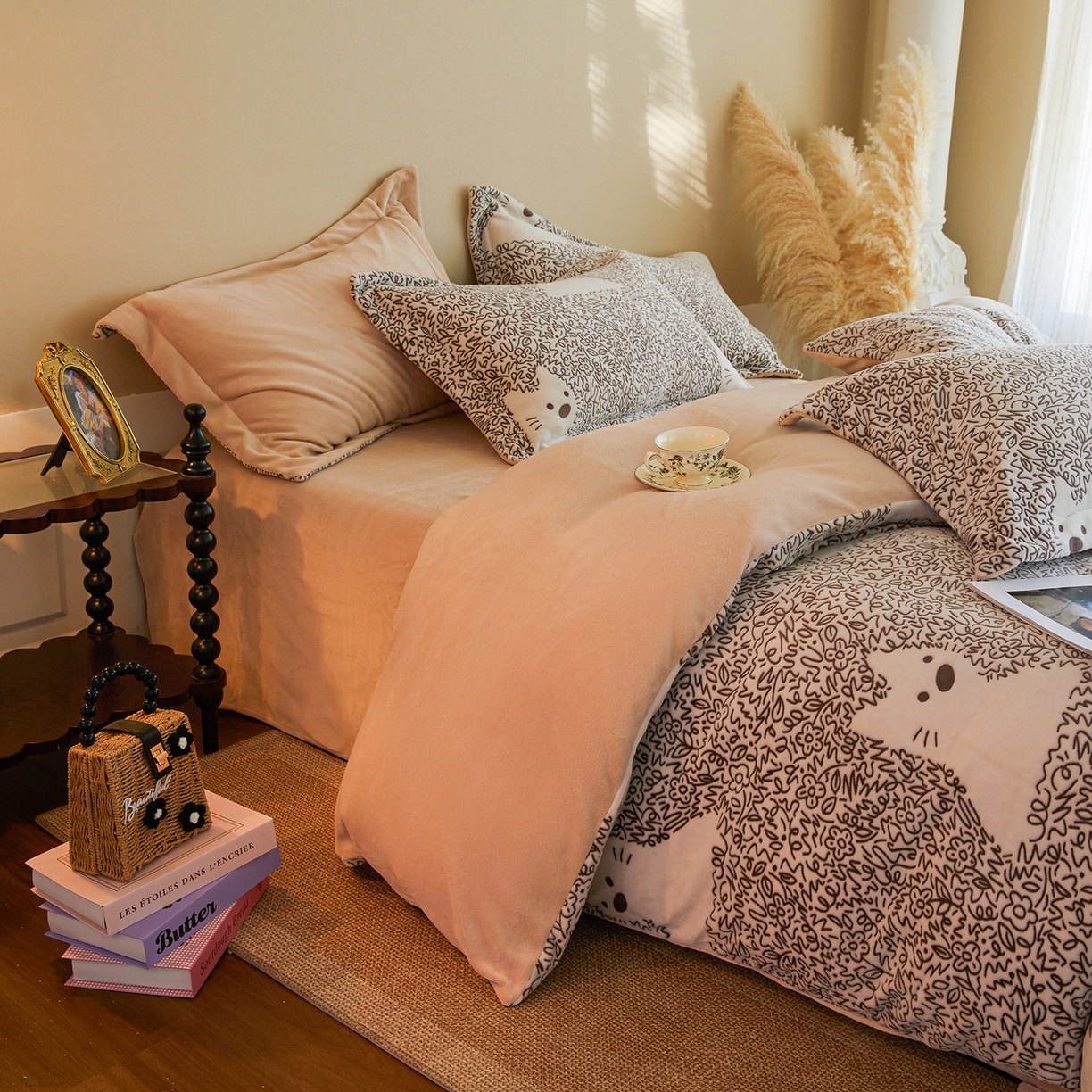 91家纺网 家纺一手货源 找家纺 菡宝 【主推第三批 带质检报告】A类全消光230g雕花绒牛奶绒四件套支持定制定做尺寸 萌趣小狗