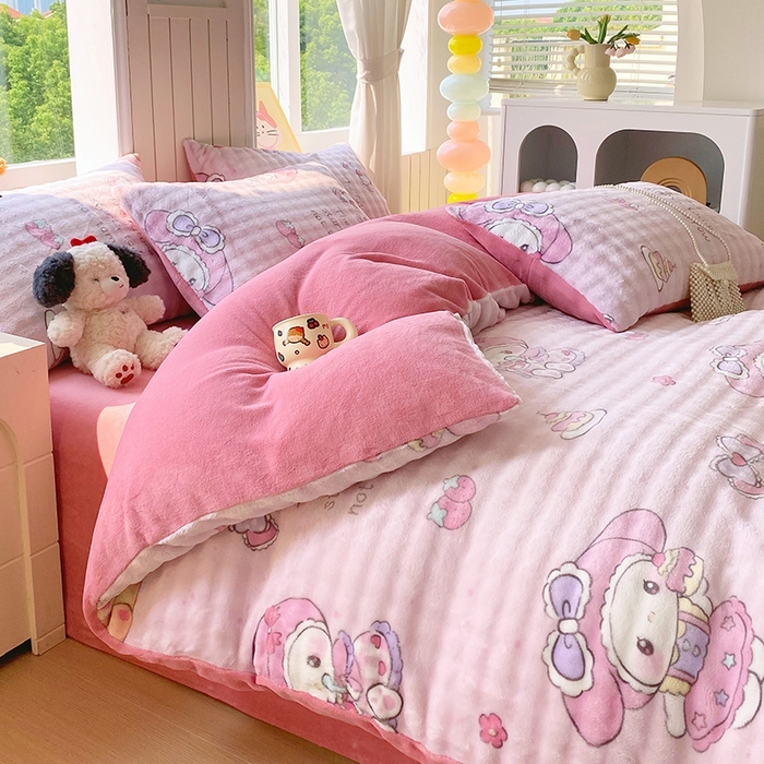 91家纺网 家纺一手货源 找家纺 艾橙 2025新款泡泡牛奶绒加厚保暖印花四件套 美乐迪