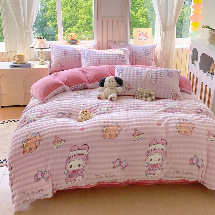 91家纺网 家纺一手货源 找家纺 艾橙 2025新款泡泡牛奶绒加厚保暖印花四件套 美乐迪