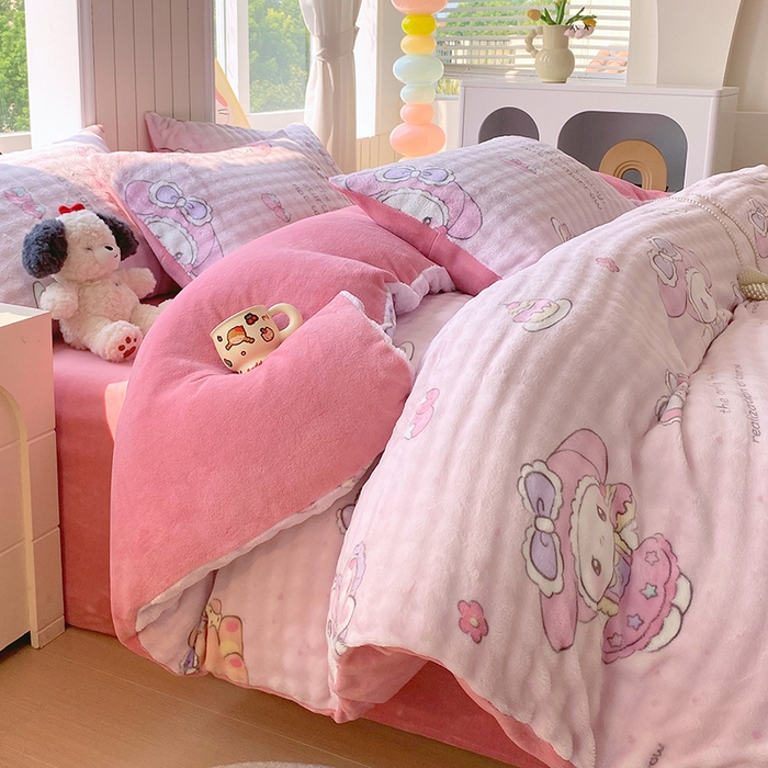 91家纺网 家纺一手货源 找家纺 艾橙 2025新款泡泡牛奶绒加厚保暖印花四件套 美乐迪