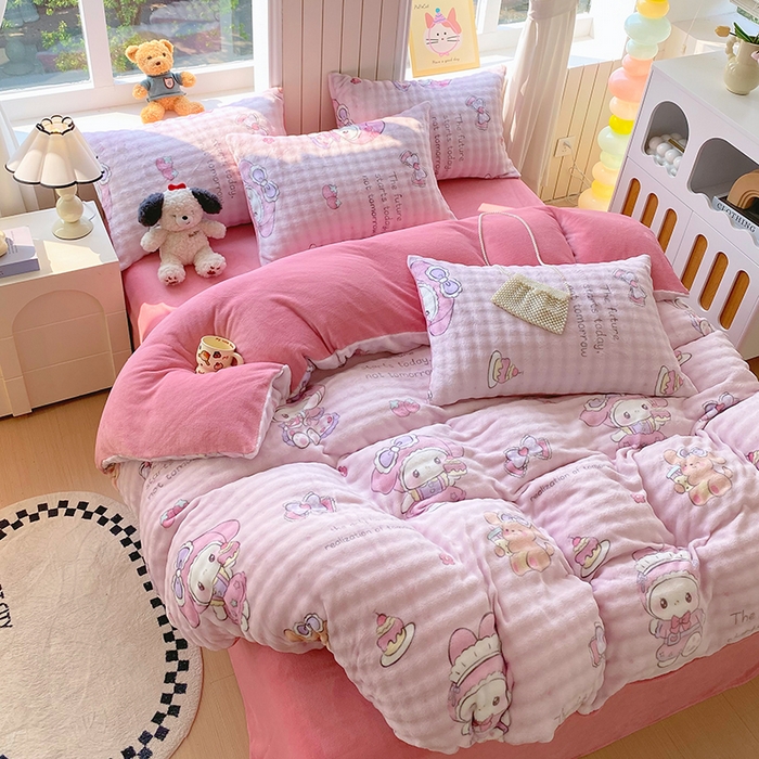 91家纺网 家纺一手货源 找家纺 艾橙 2025新款泡泡牛奶绒加厚保暖印花四件套 美乐迪