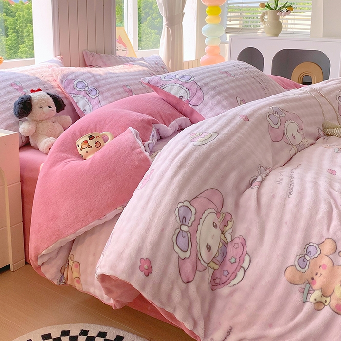 91家纺网 家纺一手货源 找家纺 艾橙 2025新款泡泡牛奶绒加厚保暖印花四件套 美乐迪