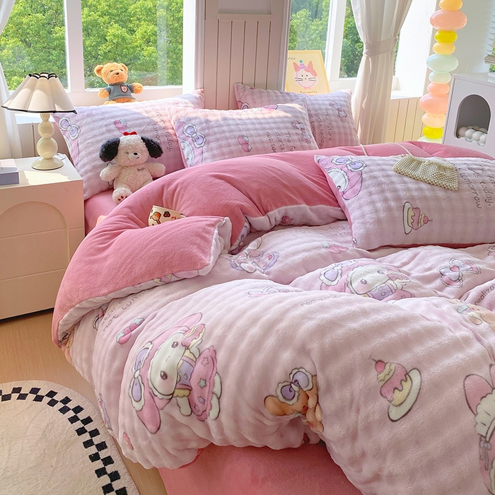 91家纺网 家纺一手货源 找家纺 艾橙 2025新款泡泡牛奶绒加厚保暖印花四件套 美乐迪