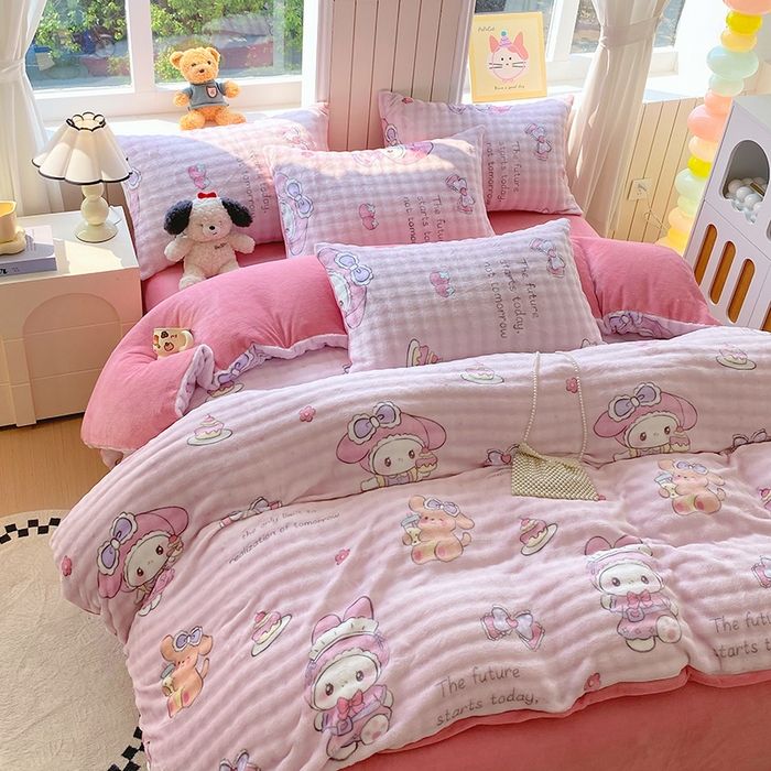 91家纺网 家纺一手货源 找家纺 艾橙 2025新款泡泡牛奶绒加厚保暖印花四件套 美乐迪