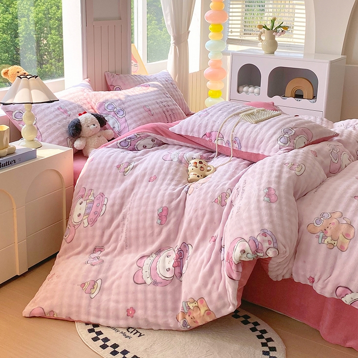 91家纺网 家纺一手货源 找家纺 艾橙 2025新款泡泡牛奶绒加厚保暖印花四件套 美乐迪