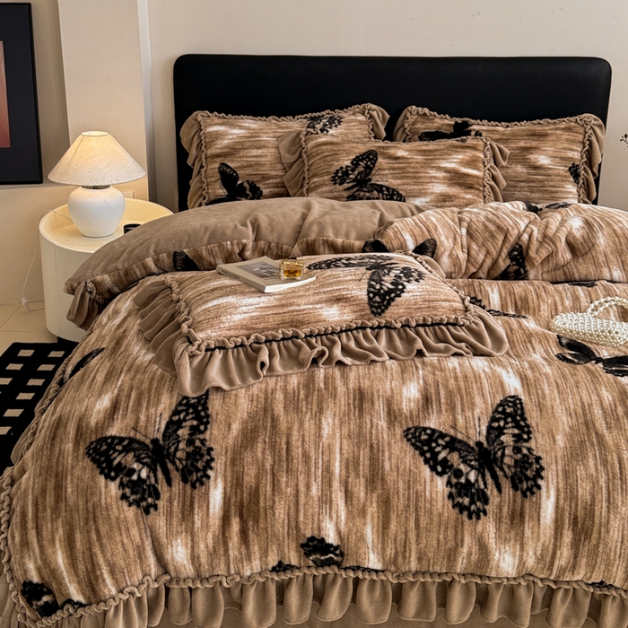 91家纺网 家纺一手货源 找家纺 米莱家纺 2025新款兔毛绒法式花边四件套 梦蝶