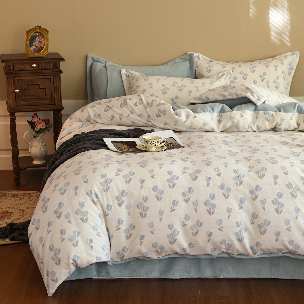 91家纺网 家纺一手货源 找家纺 菡宝 【主推第三批 带质检报告】A类全消光230g雕花绒牛奶绒四件套支持定制定做尺寸 郁金香