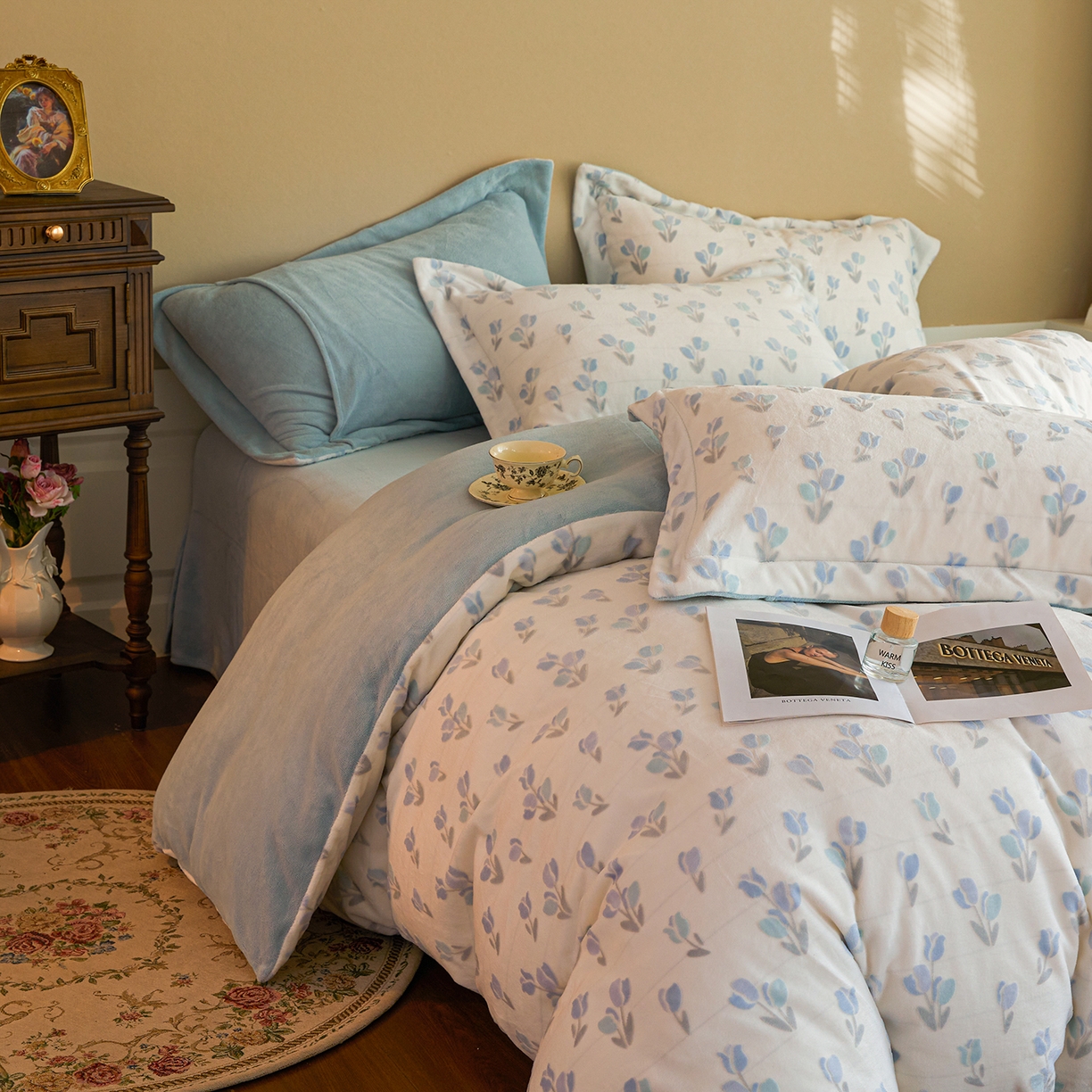 91家纺网 家纺一手货源 找家纺 菡宝 【主推第三批 带质检报告】A类全消光230g雕花绒牛奶绒四件套支持定制定做尺寸 郁金香