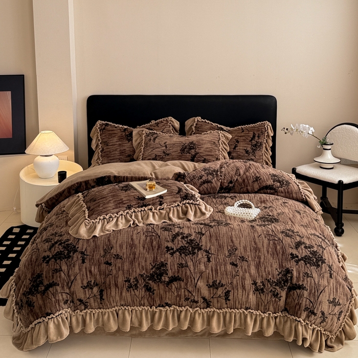 91家纺网 家纺一手货源 找家纺 米莱家纺 2025新款兔毛绒法式花边四件套 春野