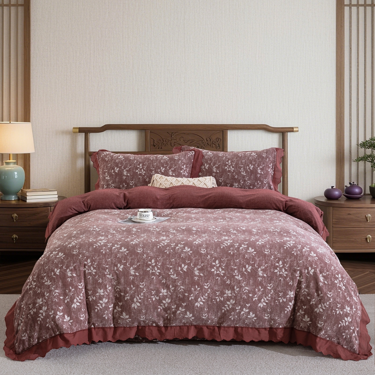 鲁爱家纺供货 2025新款全棉色织提花（花边镂空款）四件套 甜梦-豆沙