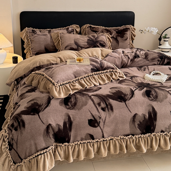 91家纺网 家纺一手货源 找家纺 米莱家纺 2025新款兔毛绒法式花边四件套 山茶