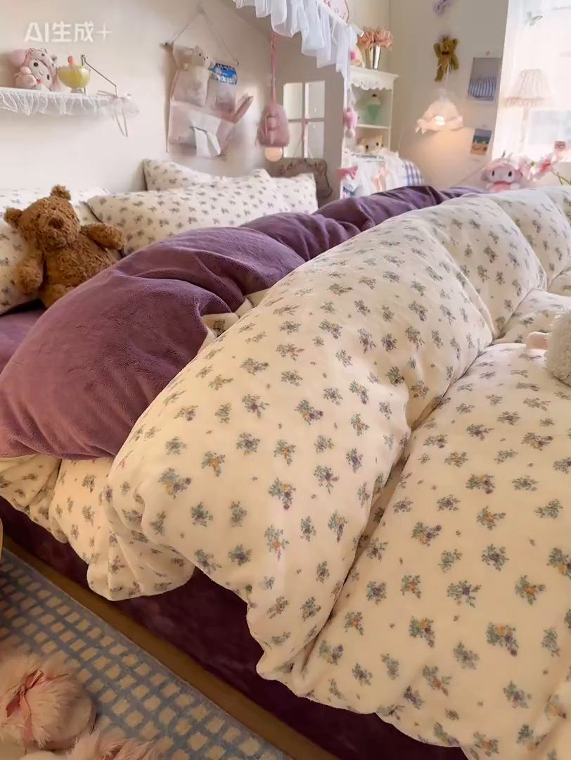 91家纺网 家纺一手货源 找家纺 初念 2025新款加厚高克重保暖可爱系牛奶绒床品套件系列（小红书推荐）（提供买家秀） 繁华似梦