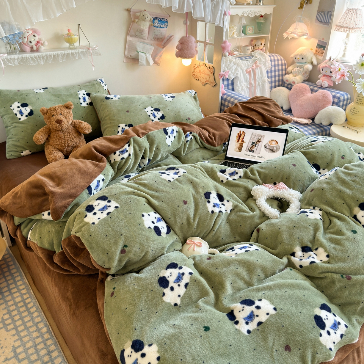 91家纺网 家纺一手货源 找家纺 初念 2025新款加厚高克重保暖可爱系牛奶绒床品套件系列（小红书推荐）（提供买家秀） 抹茶绿狗