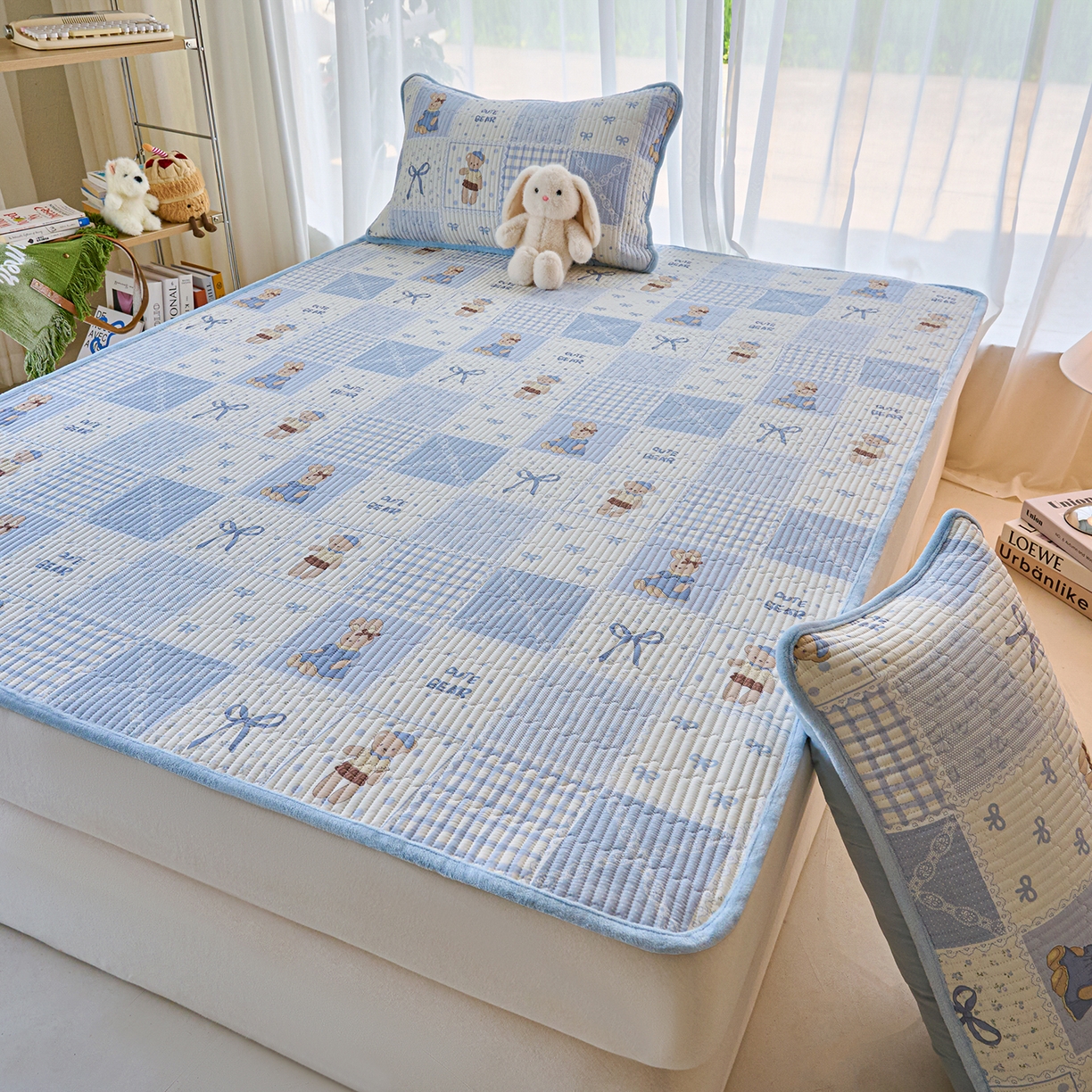 91家纺网 家纺一手货源 找家纺 X猫先生 2025新款棉加绒床垫一面全棉一面牛奶绒床褥垫软床垫床盖四季通用 蓝格童话（A棉B绒）