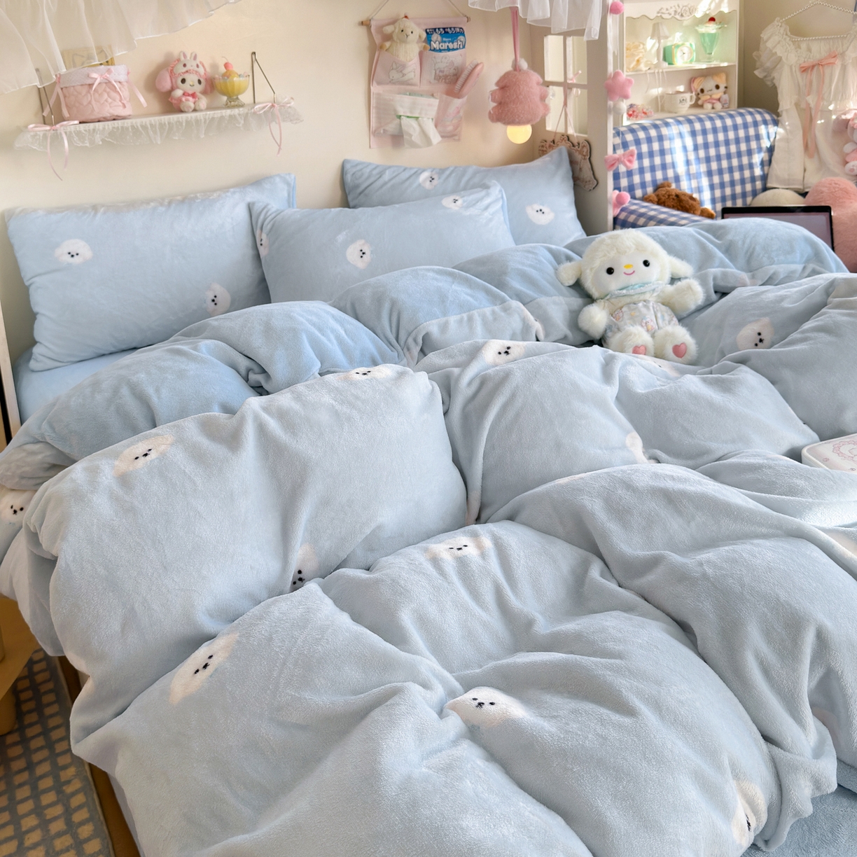 91家纺网 家纺一手货源 找家纺 初念 2025新款加厚高克重保暖可爱系牛奶绒床品套件系列（小红书推荐）（提供买家秀） 绒绒小狗-蓝