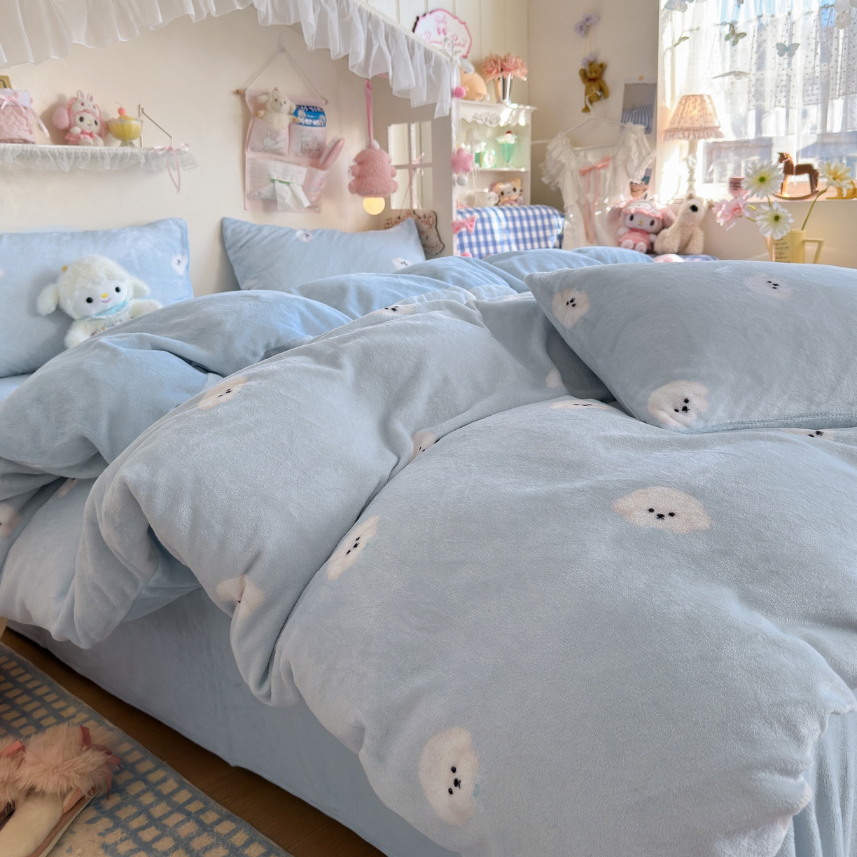 91家纺网 家纺一手货源 找家纺 初念 2025新款加厚高克重保暖可爱系牛奶绒床品套件系列（小红书推荐）（提供买家秀） 绒绒小狗-蓝