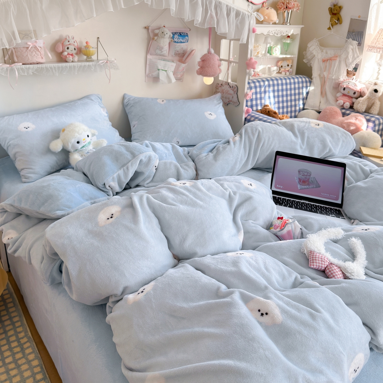 91家纺网 家纺一手货源 找家纺 初念 2025新款加厚高克重保暖可爱系牛奶绒床品套件系列（小红书推荐）（提供买家秀） 绒绒小狗-蓝