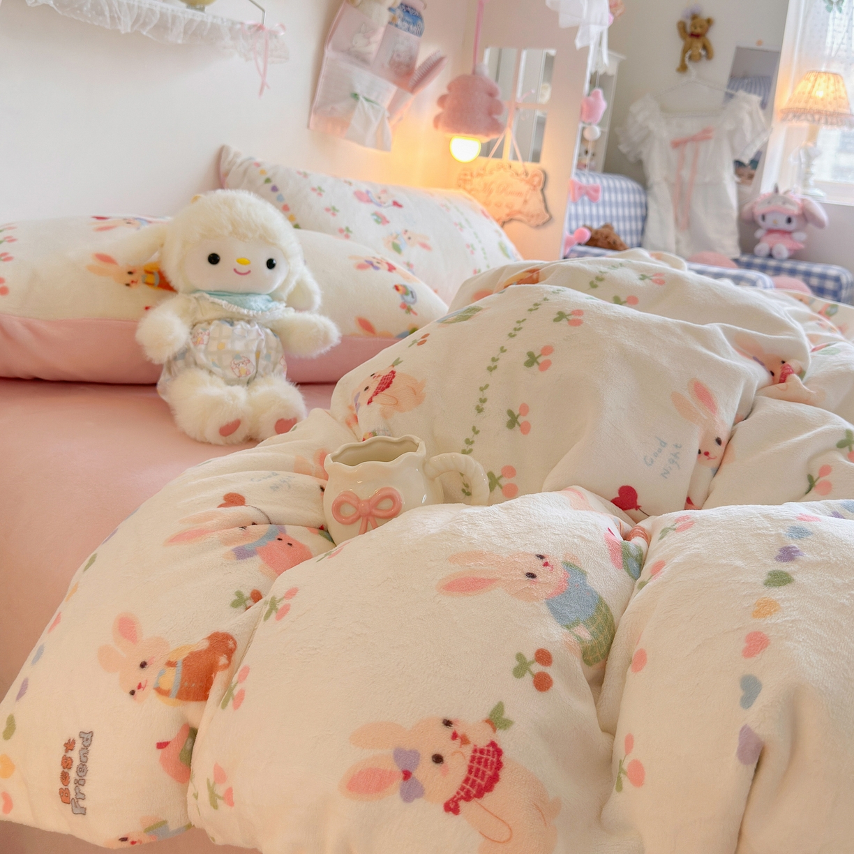 91家纺网 家纺一手货源 找家纺 初念 2025新款加厚高克重保暖可爱系牛奶绒床品套件系列（小红书推荐）（提供买家秀） 小兔派对