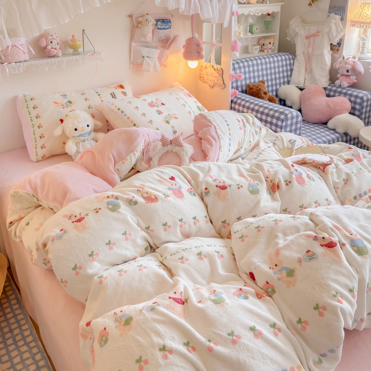 91家纺网 家纺一手货源 找家纺 初念 2025新款加厚高克重保暖可爱系牛奶绒床品套件系列（小红书推荐）（提供买家秀） 小兔派对