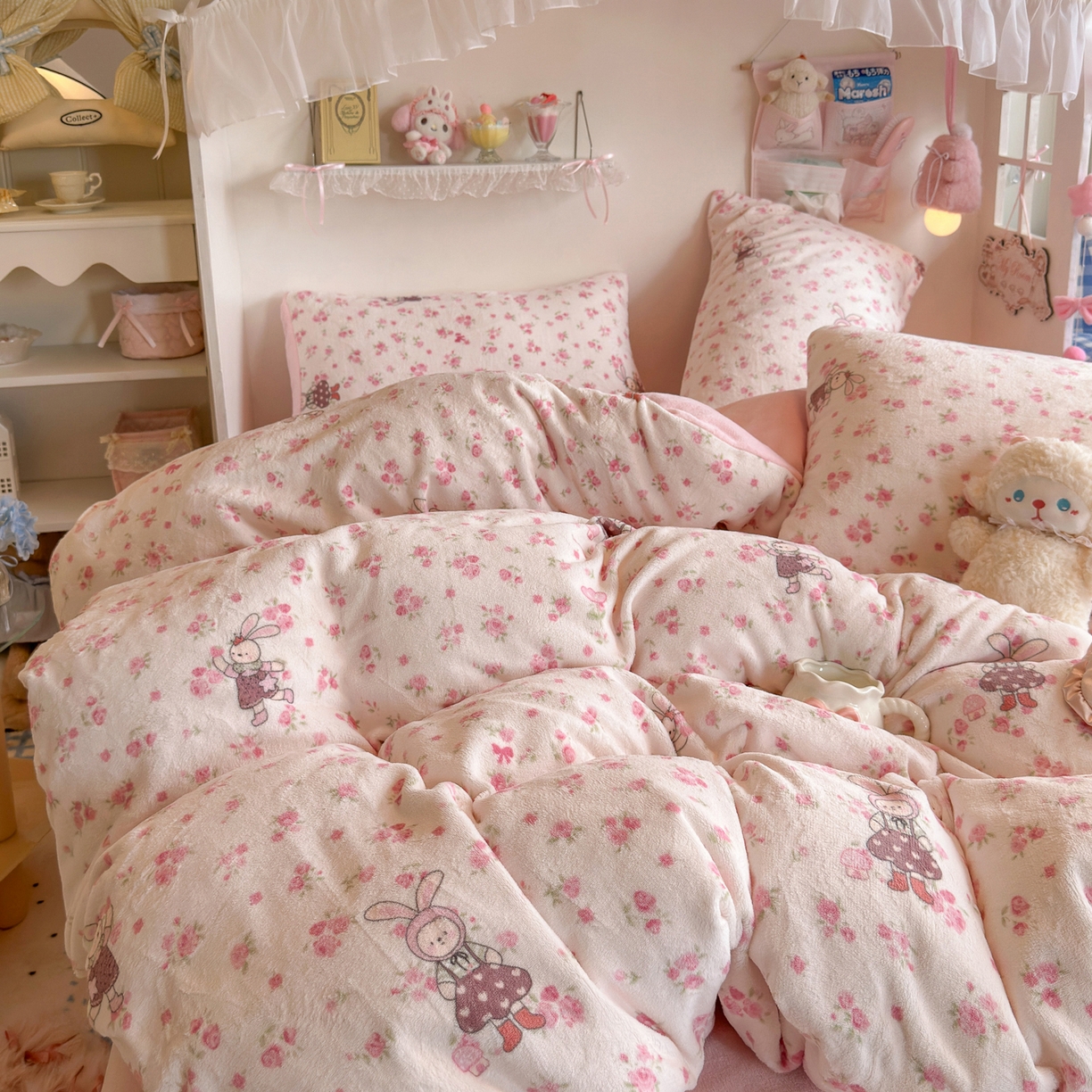 91家纺网 家纺一手货源 找家纺 初念 2025新款加厚高克重保暖可爱系牛奶绒床品套件系列（小红书推荐）（提供买家秀） 小兔舞
