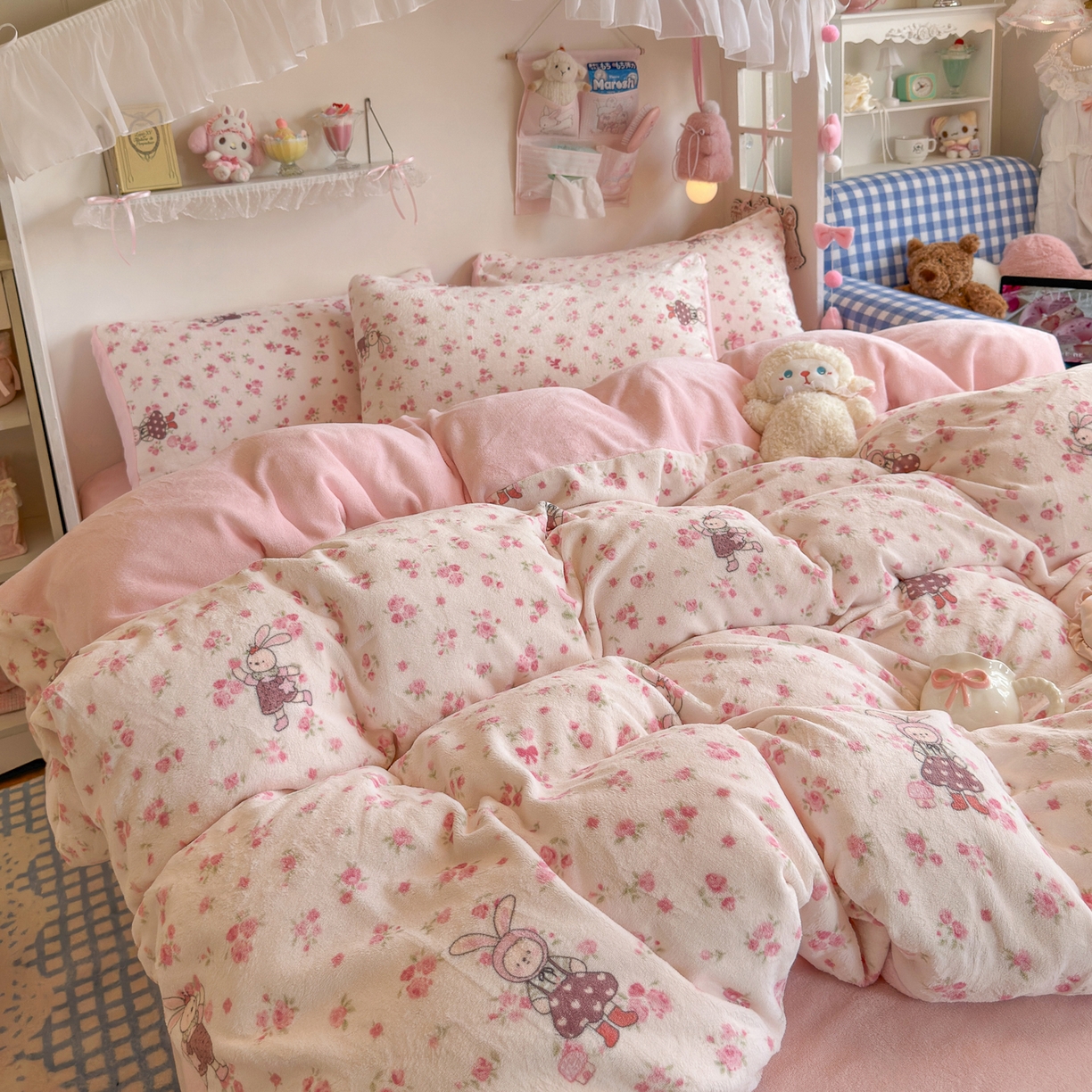 91家纺网 家纺一手货源 找家纺 初念 2025新款加厚高克重保暖可爱系牛奶绒床品套件系列（小红书推荐）（提供买家秀） 小兔舞