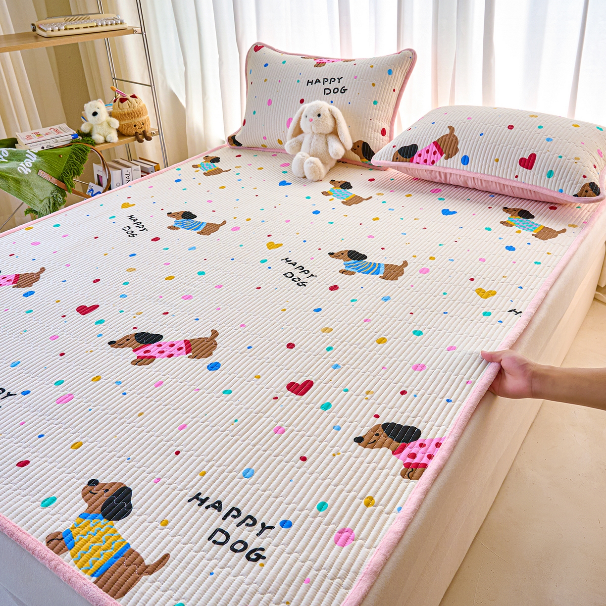 91家纺网 家纺一手货源 找家纺 X猫先生 2025新款棉加绒床垫一面全棉一面牛奶绒床褥垫软床垫床盖四季通用 甜心汪星人（A棉B绒）