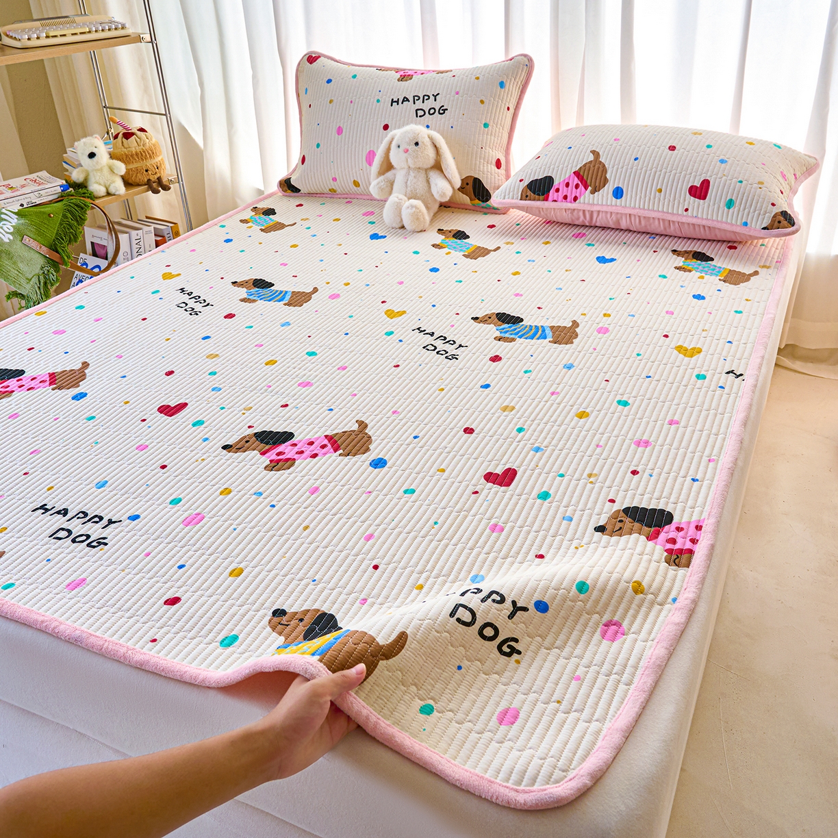 91家纺网 家纺一手货源 找家纺 X猫先生 2025新款棉加绒床垫一面全棉一面牛奶绒床褥垫软床垫床盖四季通用 甜心汪星人（A棉B绒）