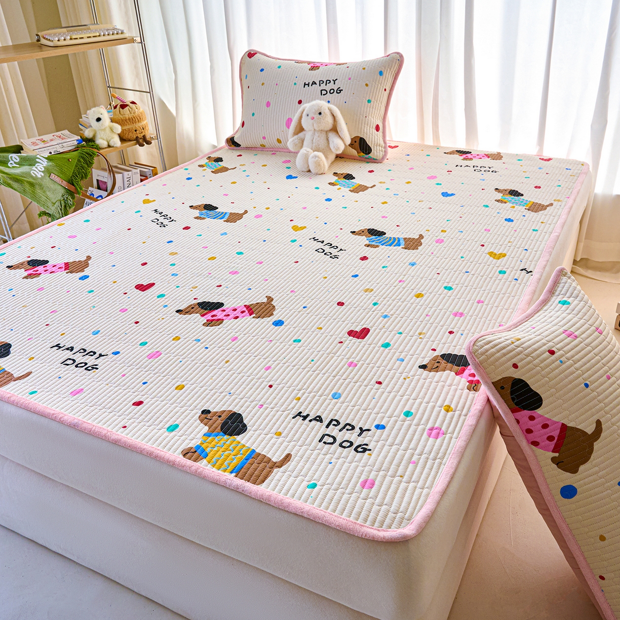 91家纺网 家纺一手货源 找家纺 X猫先生 2025新款棉加绒床垫一面全棉一面牛奶绒床褥垫软床垫床盖四季通用 甜心汪星人（A棉B绒）