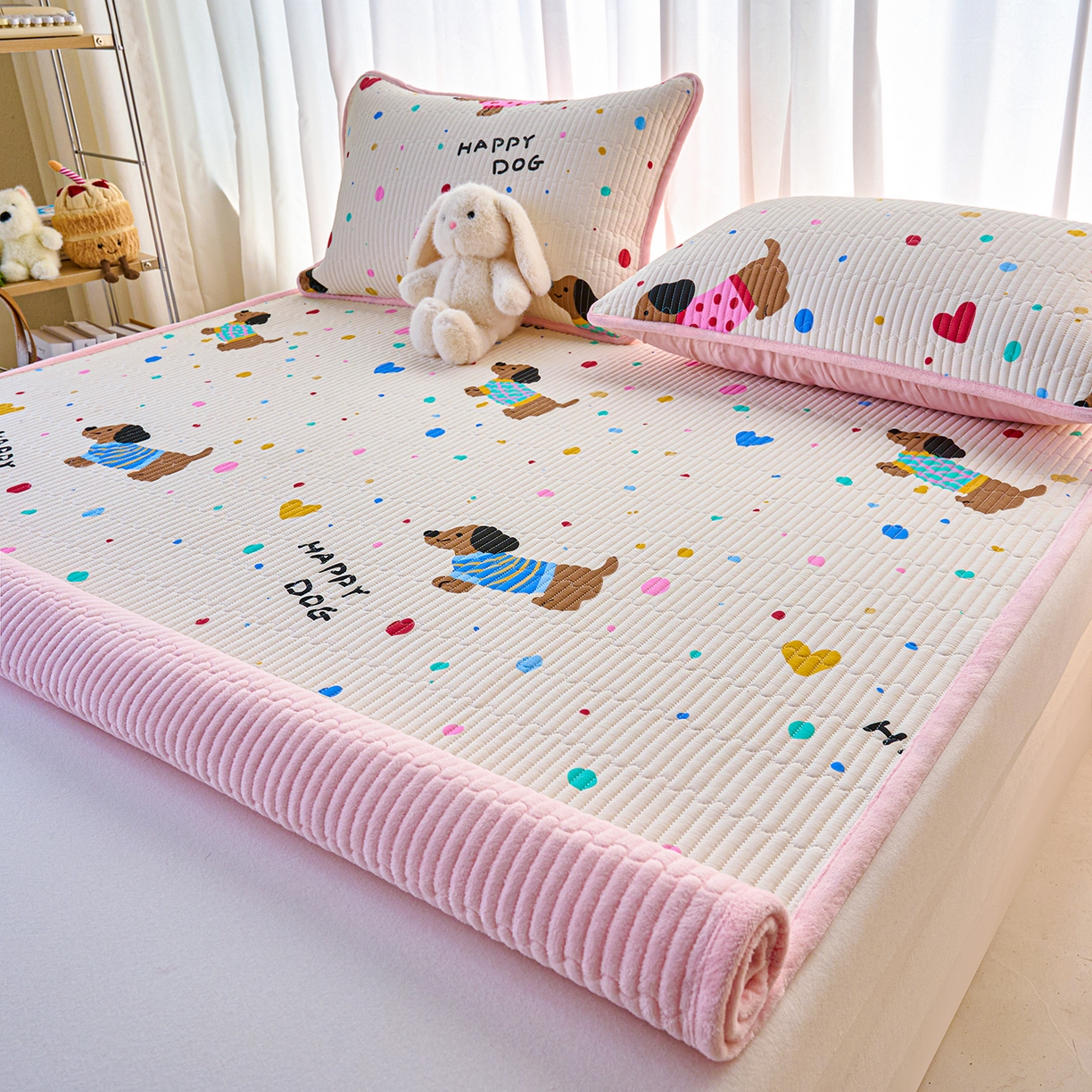 91家纺网 家纺一手货源 找家纺 X猫先生 2025新款棉加绒床垫一面全棉一面牛奶绒床褥垫软床垫床盖四季通用 甜心汪星人（A棉B绒）