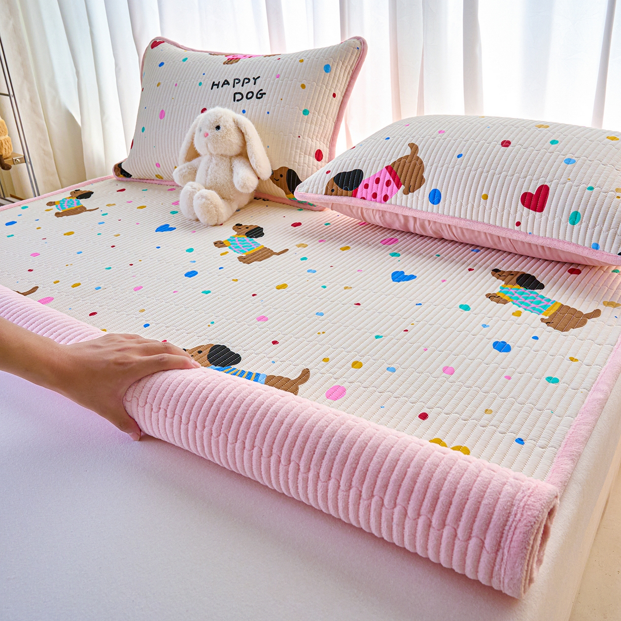 91家纺网 家纺一手货源 找家纺 X猫先生 2025新款棉加绒床垫一面全棉一面牛奶绒床褥垫软床垫床盖四季通用 甜心汪星人（A棉B绒）