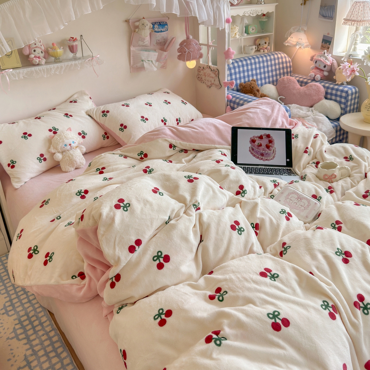 91家纺网 家纺一手货源 找家纺 初念 2025新款加厚高克重保暖可爱系牛奶绒床品套件系列（小红书推荐）（提供买家秀） 一口樱桃