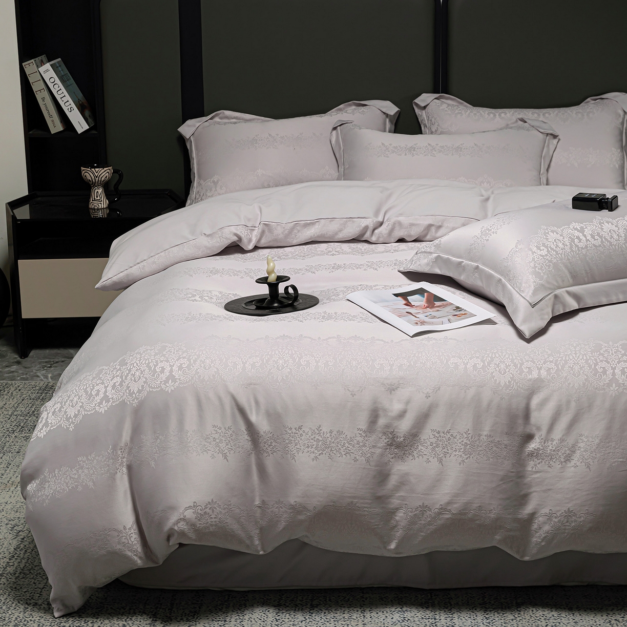 91家纺网 家纺一手货源 找家纺 暖芯优选 2025新款欧式轻奢风直播热款贡缎提花四件套床单床笠款 月光灰