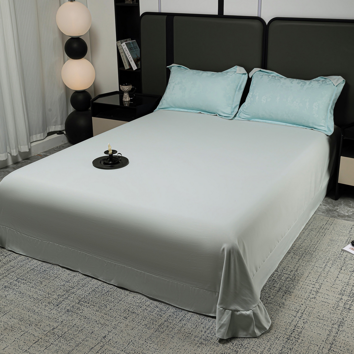 91家纺网 家纺一手货源 找家纺 暖芯优选 2025新款欧式轻奢风直播热款贡缎提花四件套床单床笠款 冰岛蓝