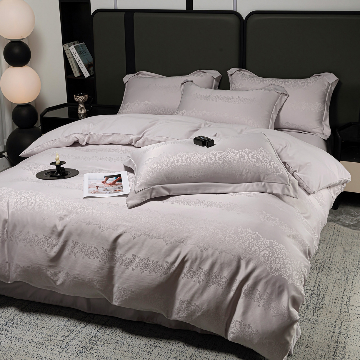 91家纺网 家纺一手货源 找家纺 暖芯优选 2025新款欧式轻奢风直播热款贡缎提花四件套床单床笠款 月光灰