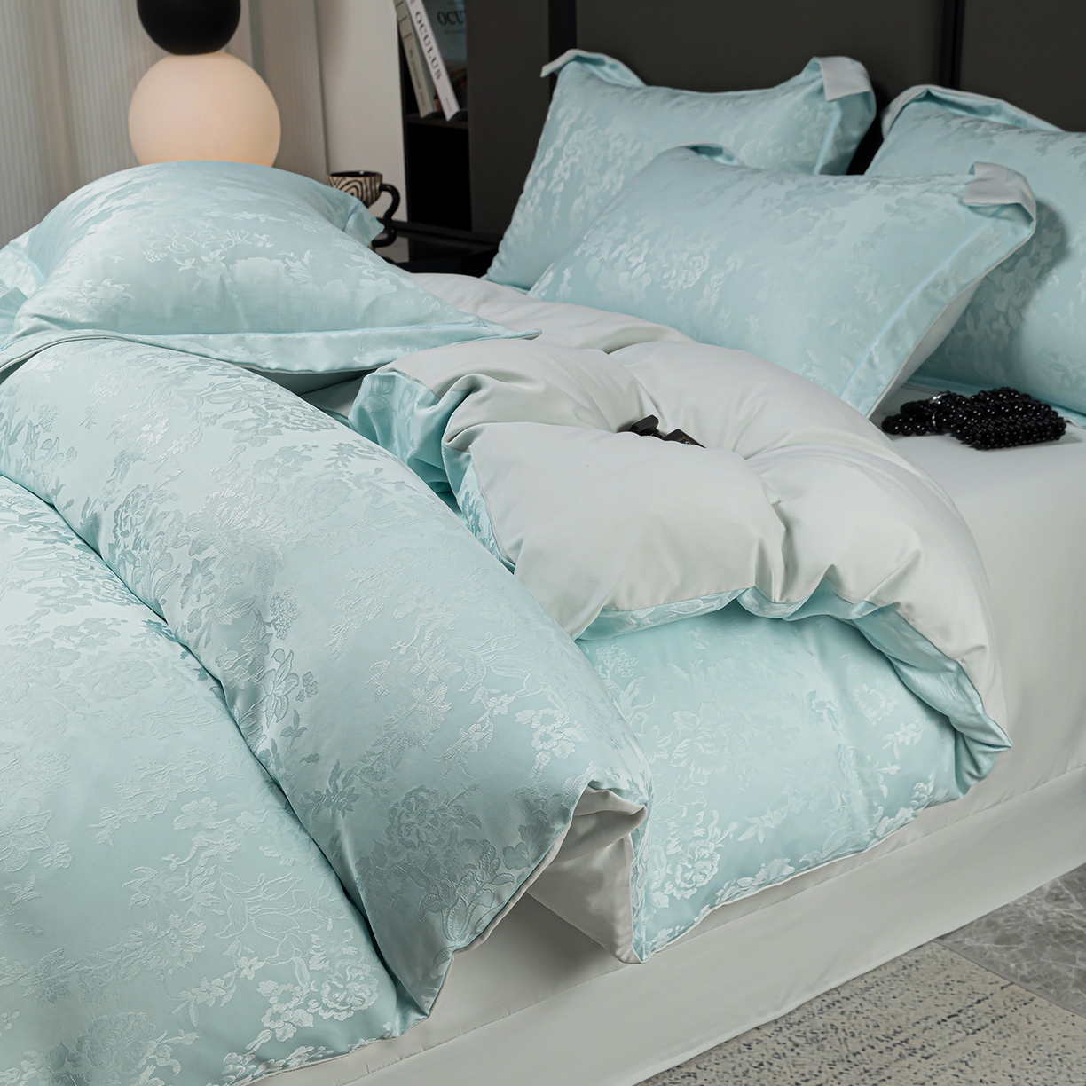 91家纺网 家纺一手货源 找家纺 暖芯优选 2025新款欧式轻奢风直播热款贡缎提花四件套床单床笠款 冰岛蓝