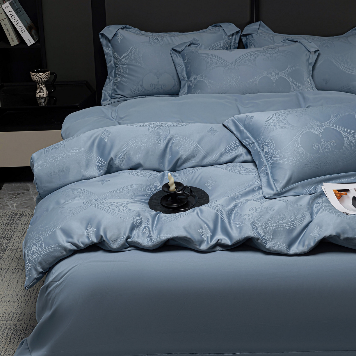 91家纺网 家纺一手货源 找家纺 暖芯优选 2025新款欧式轻奢风直播热款贡缎提花四件套床单床笠款 经典蓝