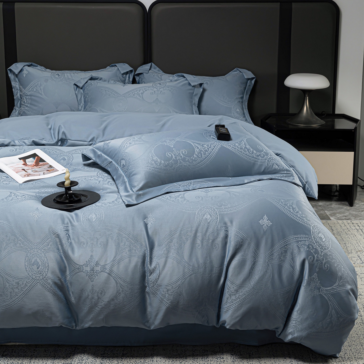 91家纺网 家纺一手货源 找家纺 暖芯优选 2025新款欧式轻奢风直播热款贡缎提花四件套床单床笠款 经典蓝