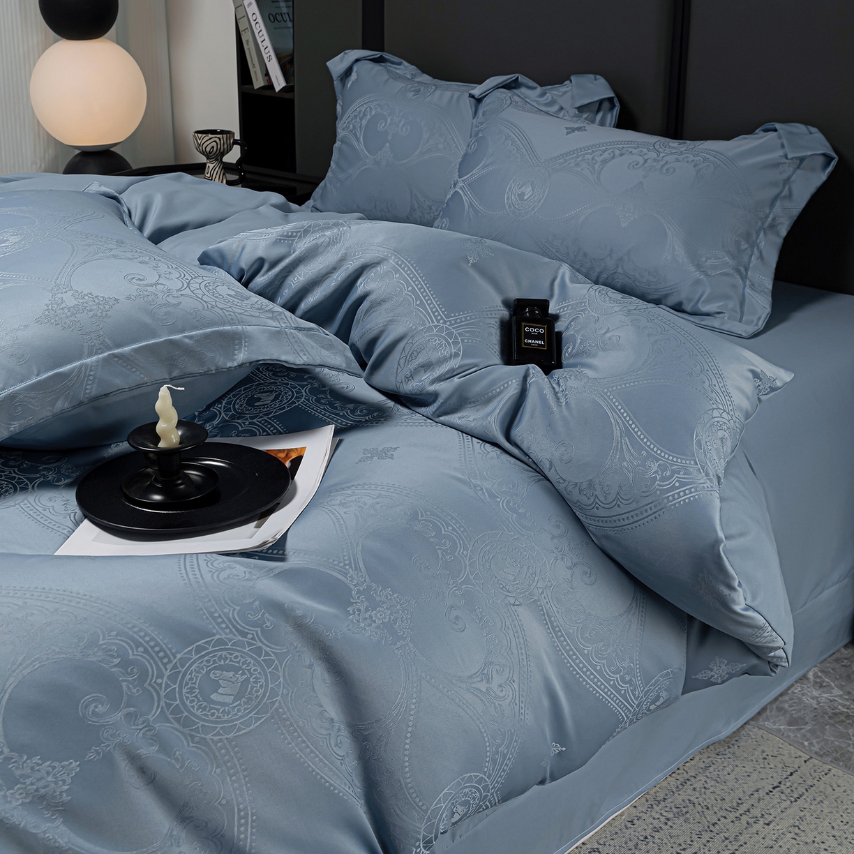 91家纺网 家纺一手货源 找家纺 暖芯优选 2025新款欧式轻奢风直播热款贡缎提花四件套床单床笠款 经典蓝