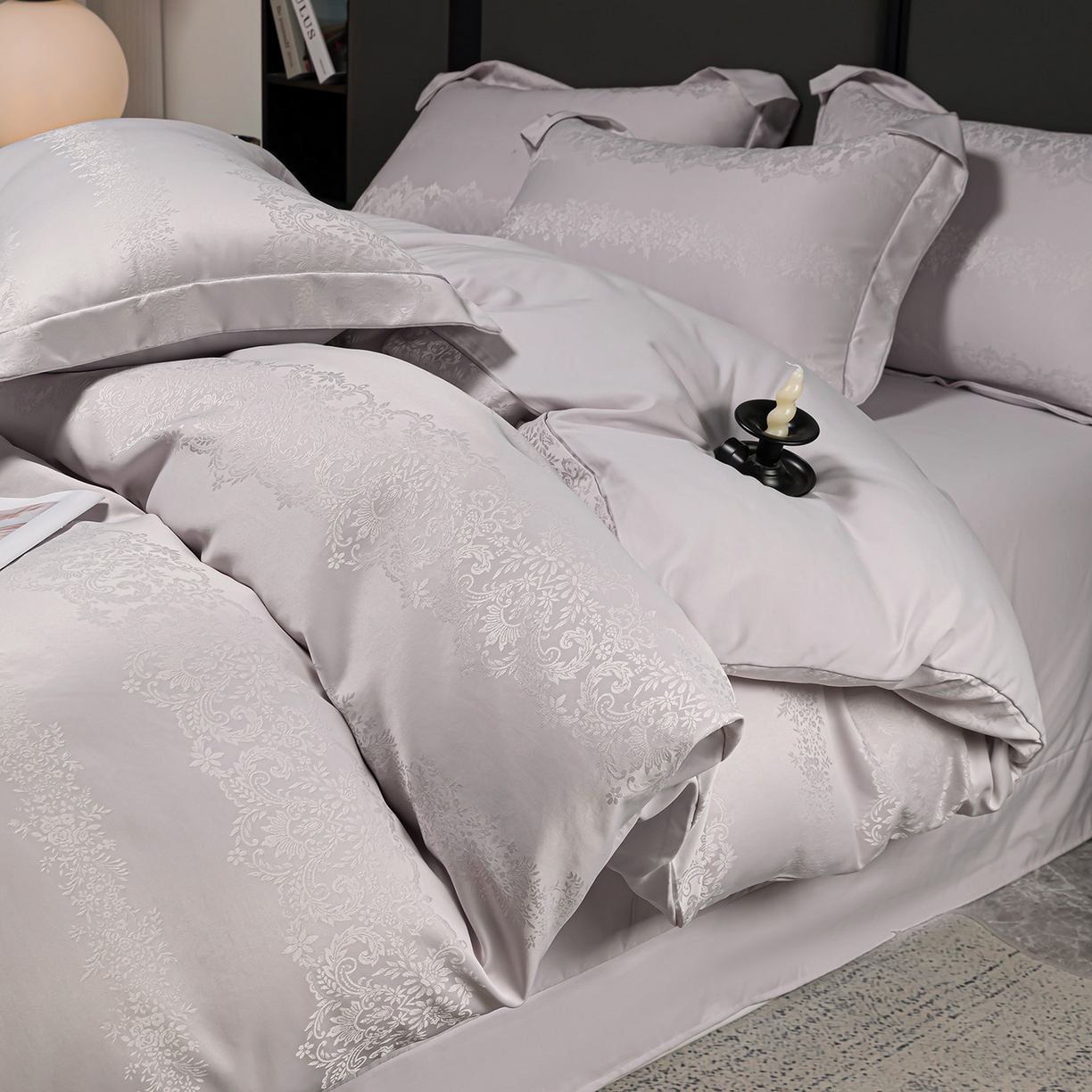 91家纺网 家纺一手货源 找家纺 暖芯优选 2025新款欧式轻奢风直播热款贡缎提花四件套床单床笠款 月光灰