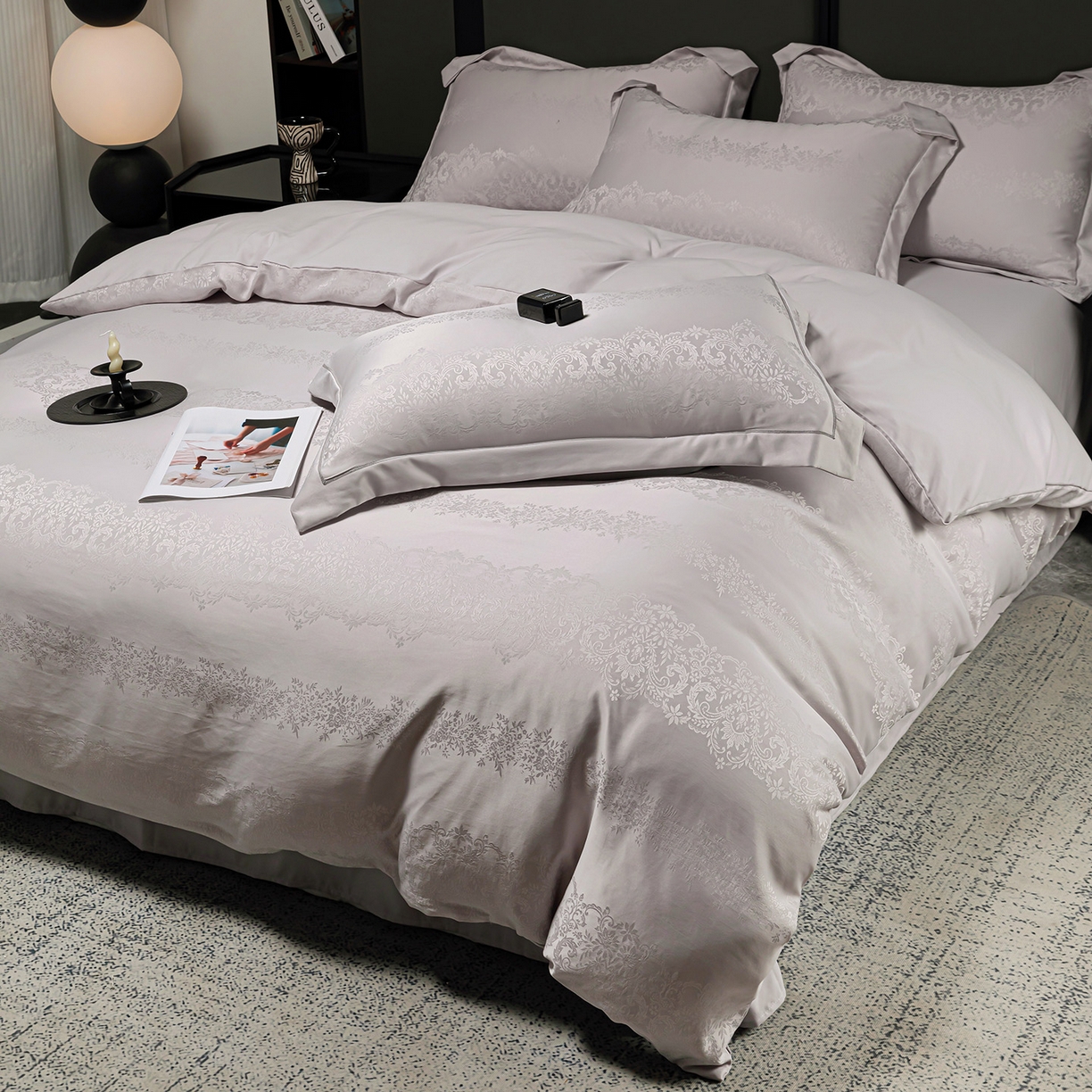 91家纺网 家纺一手货源 找家纺 暖芯优选 2025新款欧式轻奢风直播热款贡缎提花四件套床单床笠款 月光灰