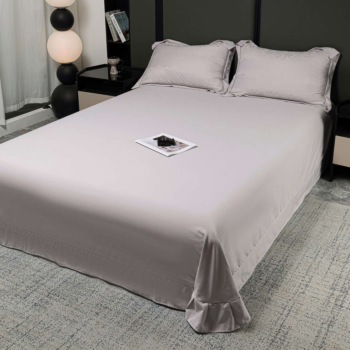 91家纺网 家纺一手货源 找家纺 暖芯优选 2025新款欧式轻奢风直播热款贡缎提花四件套床单床笠款 月光灰