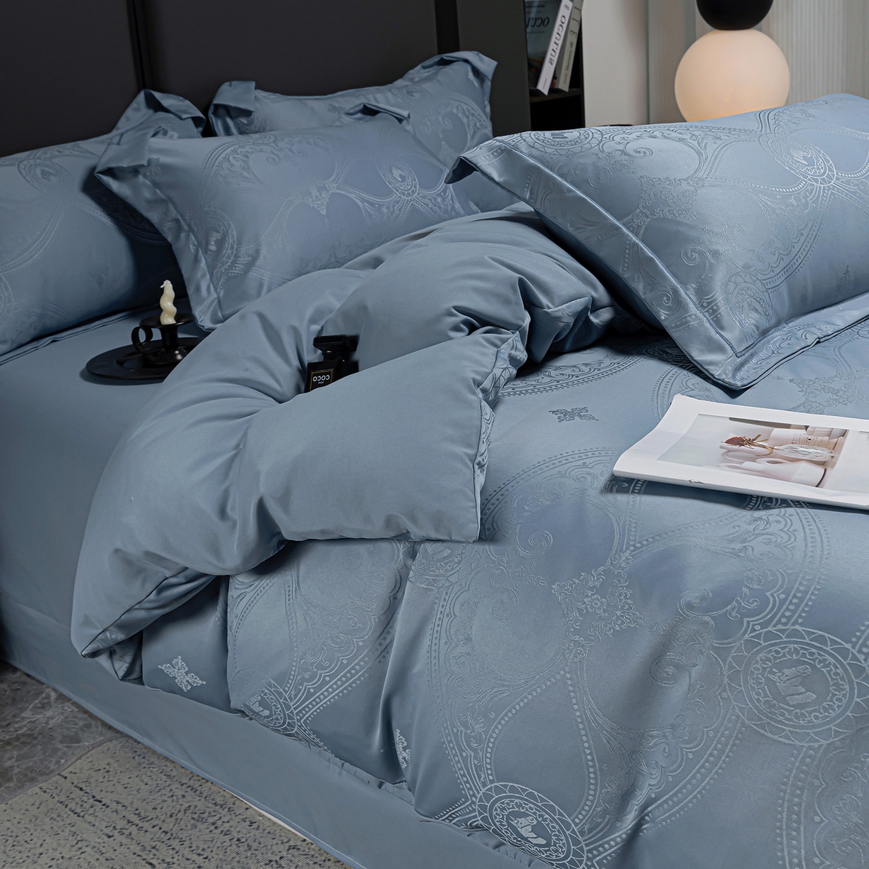91家纺网 家纺一手货源 找家纺 暖芯优选 2025新款欧式轻奢风直播热款贡缎提花四件套床单床笠款 经典蓝