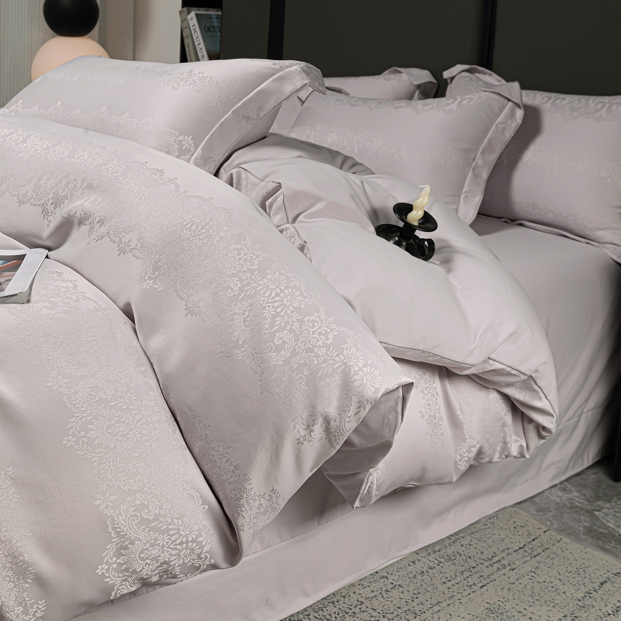91家纺网 家纺一手货源 找家纺 暖芯优选 2025新款欧式轻奢风直播热款贡缎提花四件套床单床笠款 月光灰